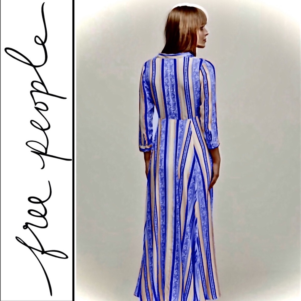Free People Blue & Ivory Striped Maxi Shirt Dress